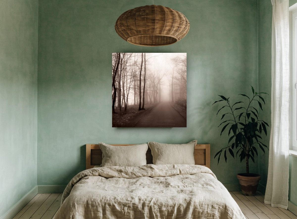 Sepia Fog Lane landscape canvas print on the wall of a bedroom