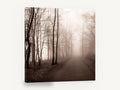 Sepia Fog Lane, foggy forest road sepia photograph, landscape canvas wall art print ready to hang