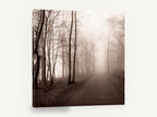 Sepia Fog Lane, foggy forest road sepia photograph, landscape canvas wall art print ready to hang
