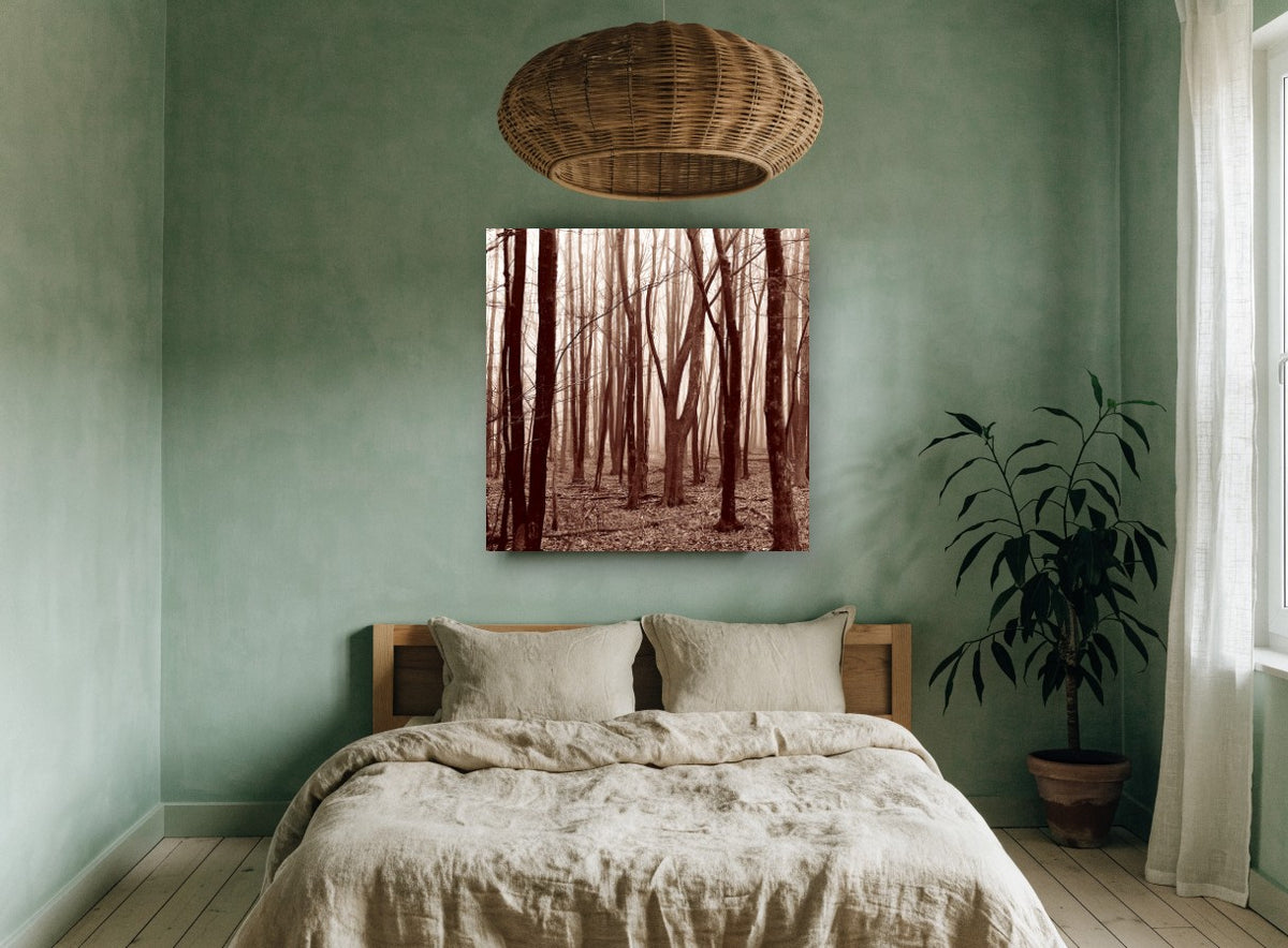 Sepia Wood Haze landscape canvas print on the wall of a bedroom