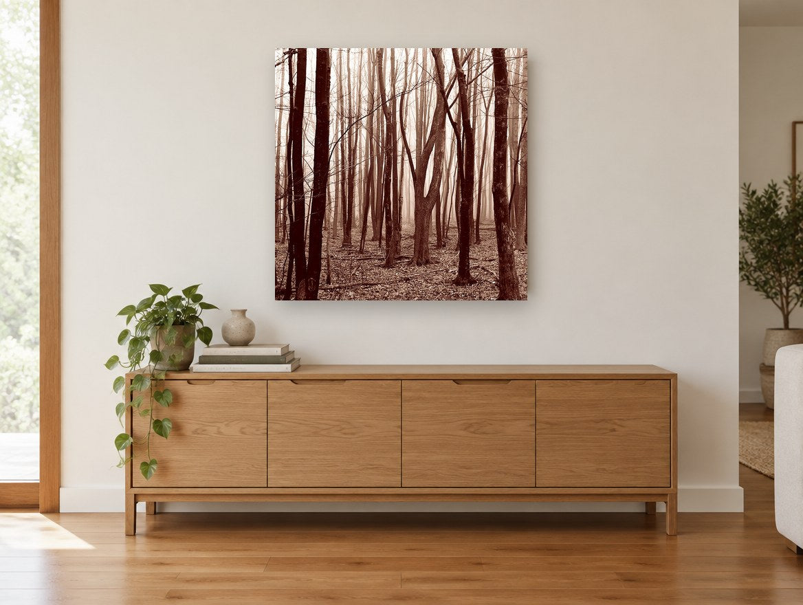 Sepia Wood Haze landscape canvas print on the wall of a living room above a sideboard
