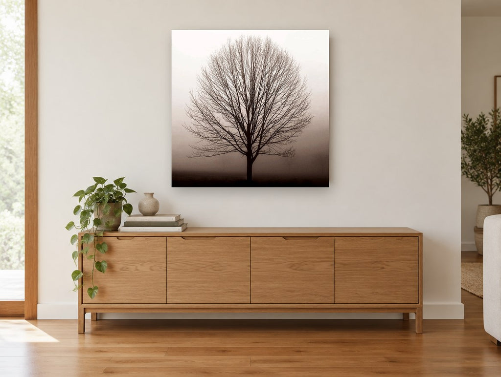 Bare Tree in Fog landscape canvas print on the wall of a living room above a sideboard