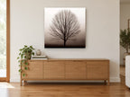 Bare Tree in Fog landscape canvas print on the wall of a living room above a sideboard