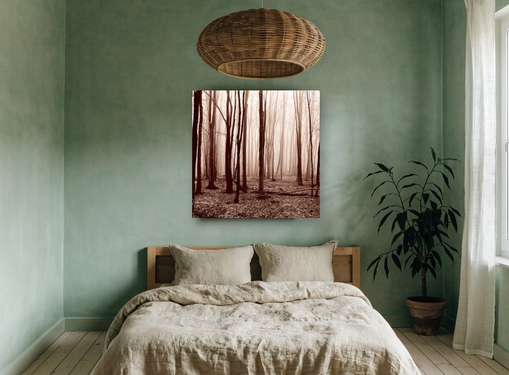 Sepia Winter Woods landscape canvas print on the wall of a bedroom
