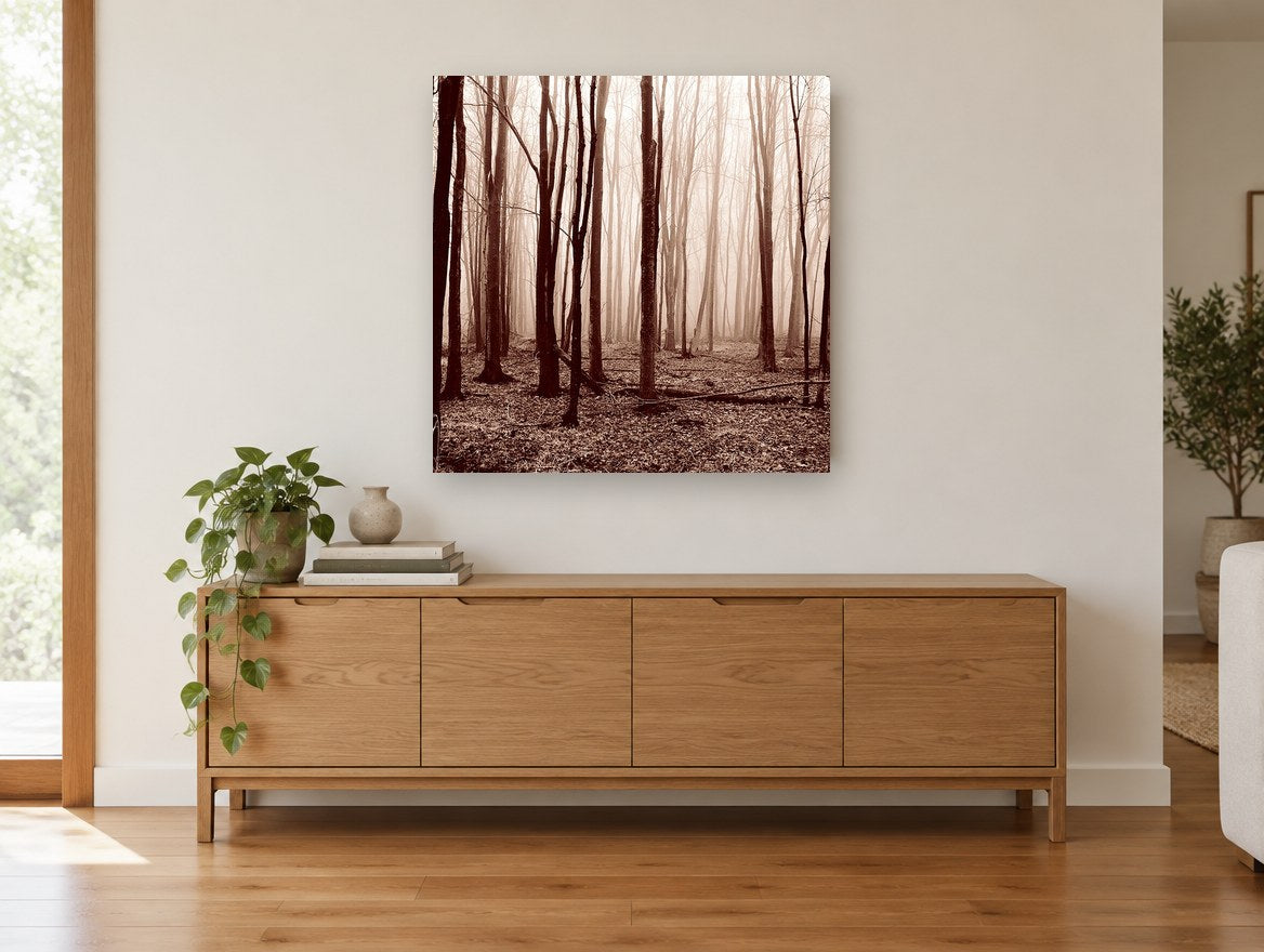 Sepia Winter Woods landscape canvas print on the wall of a living room above a sideboard