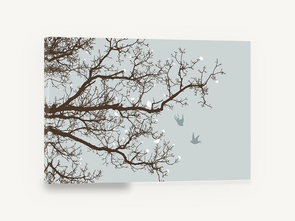 Swallows Among Bare Branches, bare branches and birds illustration, landscape canvas wall art print ready to hang