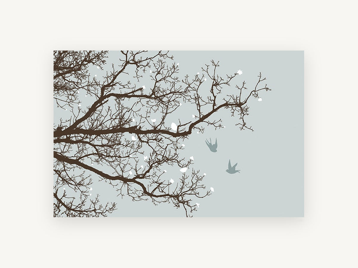 Swallows Among Bare Branches, bare branches and birds illustration, landscape canvas wall art print, front view