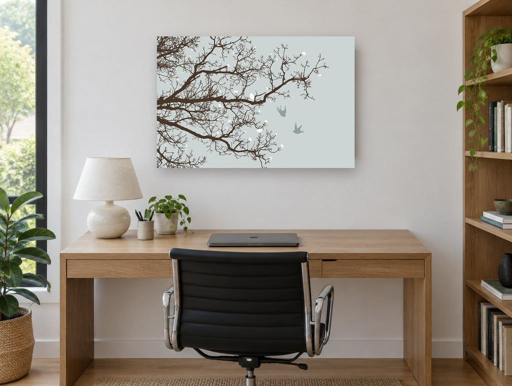 Swallows Among Bare Branches landscape canvas print on the wall of a study
