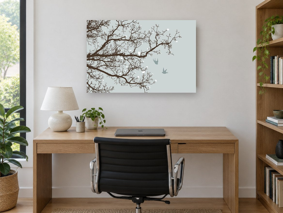 Swallows Among Bare Branches landscape canvas print on the wall of a study