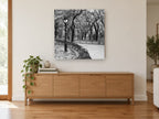 Park Bench Curve landscape canvas print on the wall of a living room above a sideboard