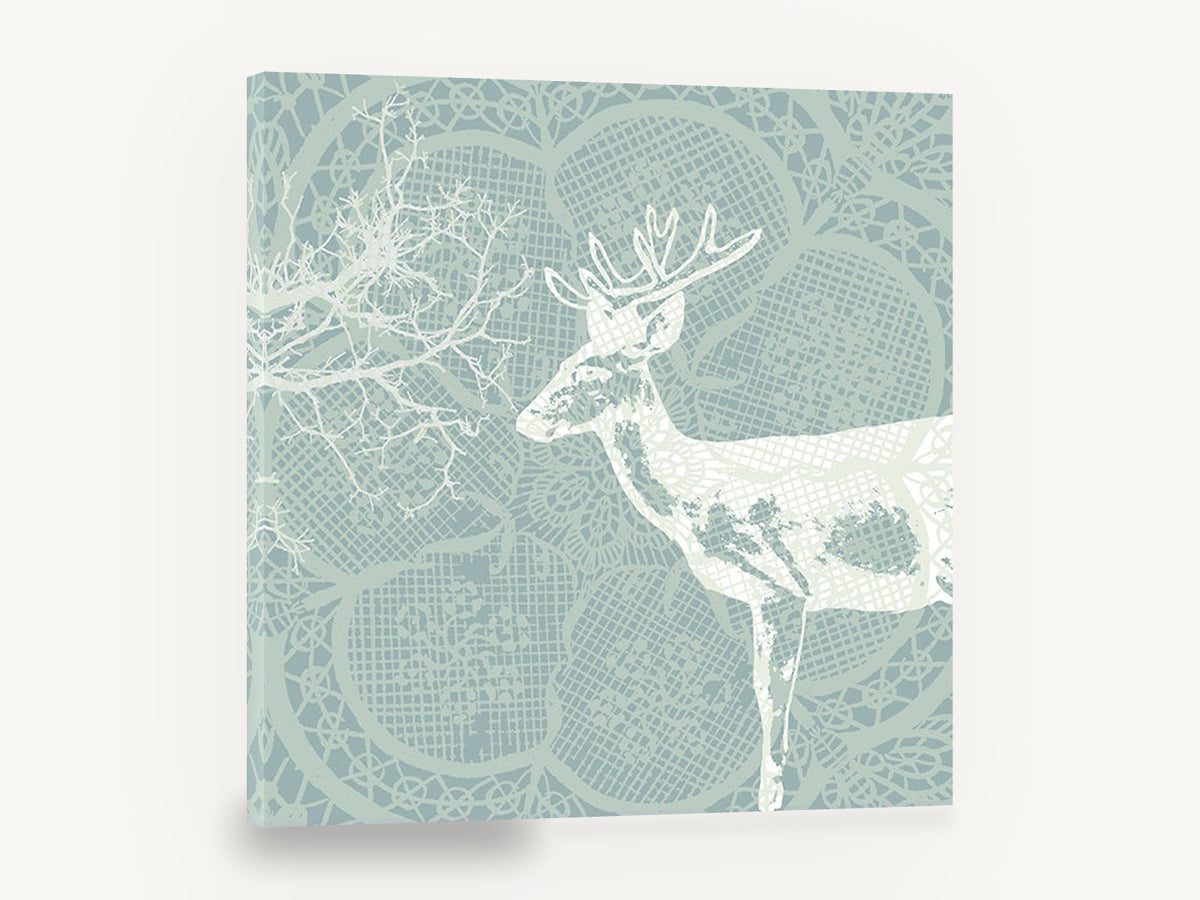 Lace Woodland Stag, white stag lace pattern illustration, floral canvas wall art print ready to hang
