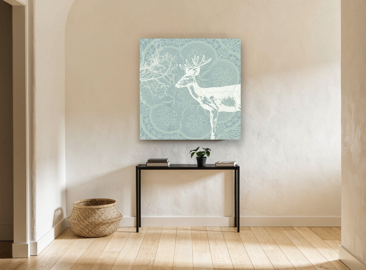 Lace Woodland Stag floral canvas print on the wall of a hallway