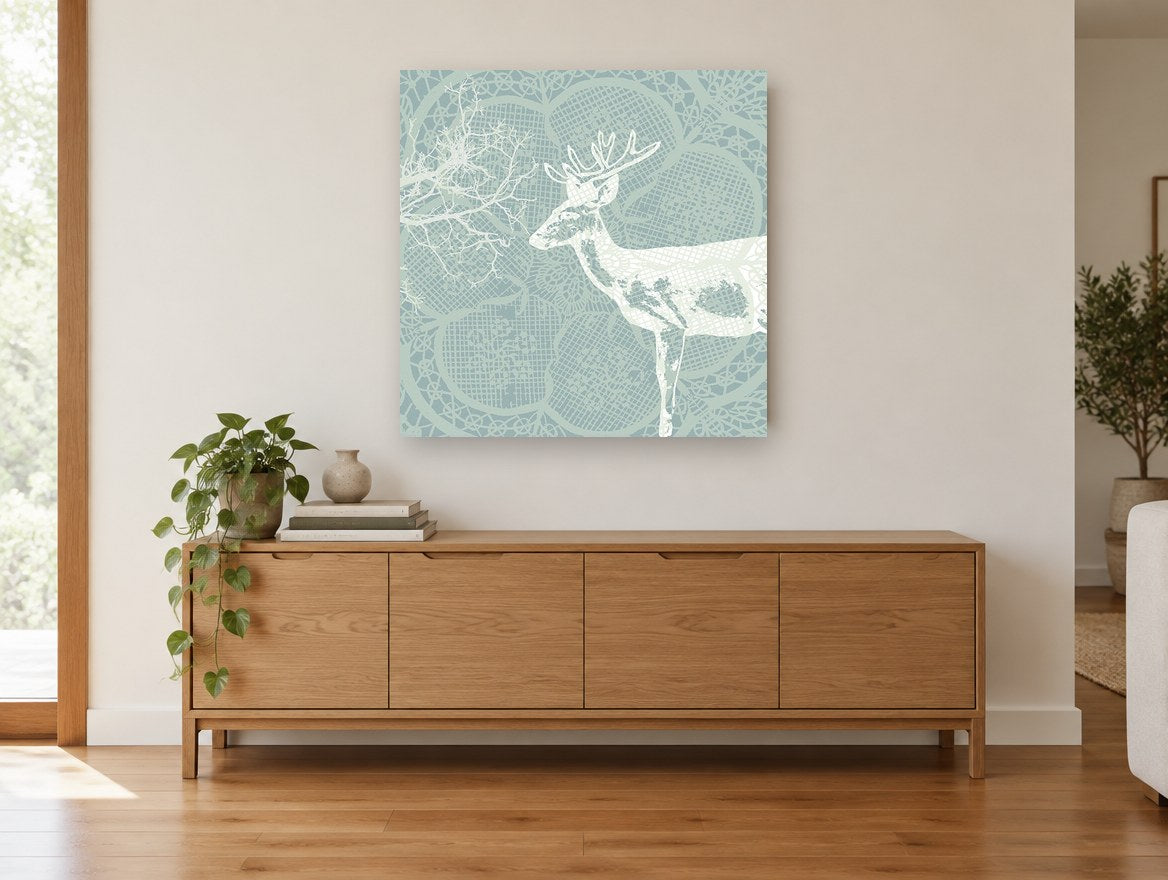 Lace Woodland Stag floral canvas print on the wall of a living room above a sideboard