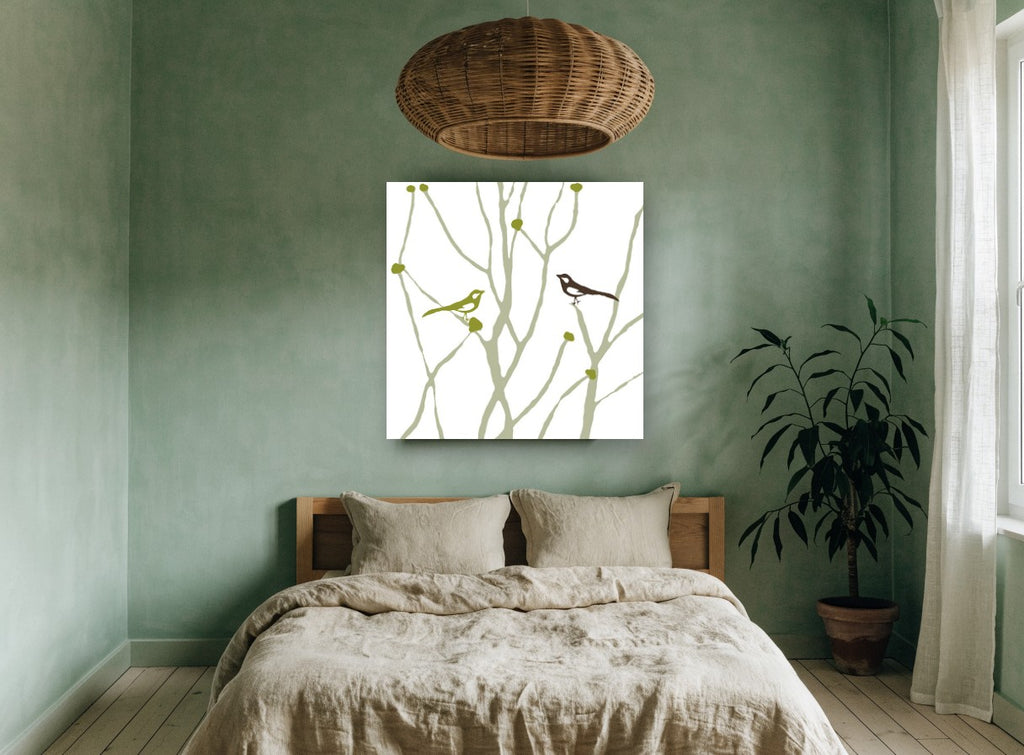 Two Birds Among Branches floral canvas print on the wall of a bedroom