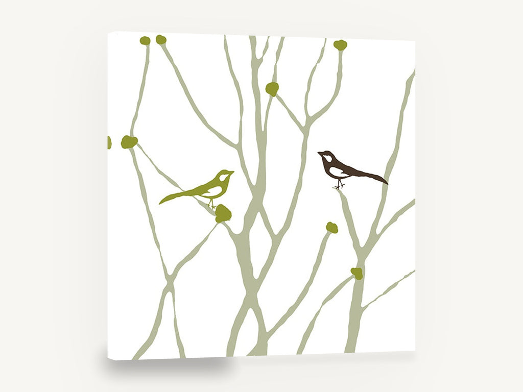 Two Birds Among Branches, magpie birds on branches illustration, floral canvas wall art print ready to hang