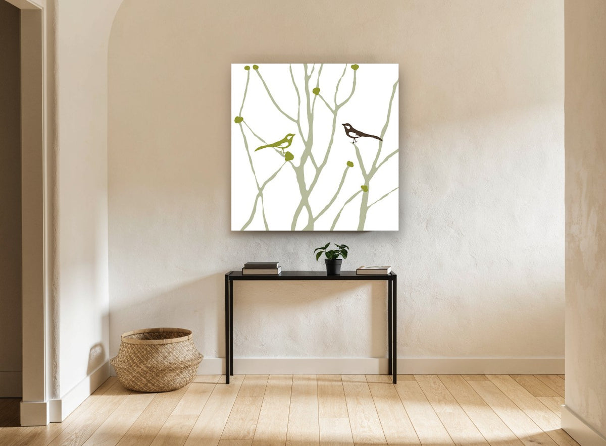 Two Birds Among Branches floral canvas print on the wall of a hallway