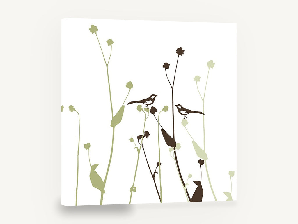 Two Birds Among Seedheads, bird silhouette botanical green illustration, floral canvas wall art print ready to hang