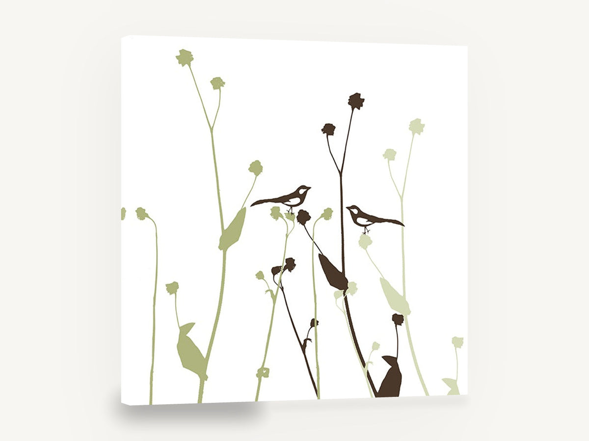 Two Birds Among Seedheads, bird silhouette botanical green illustration, floral canvas wall art print ready to hang