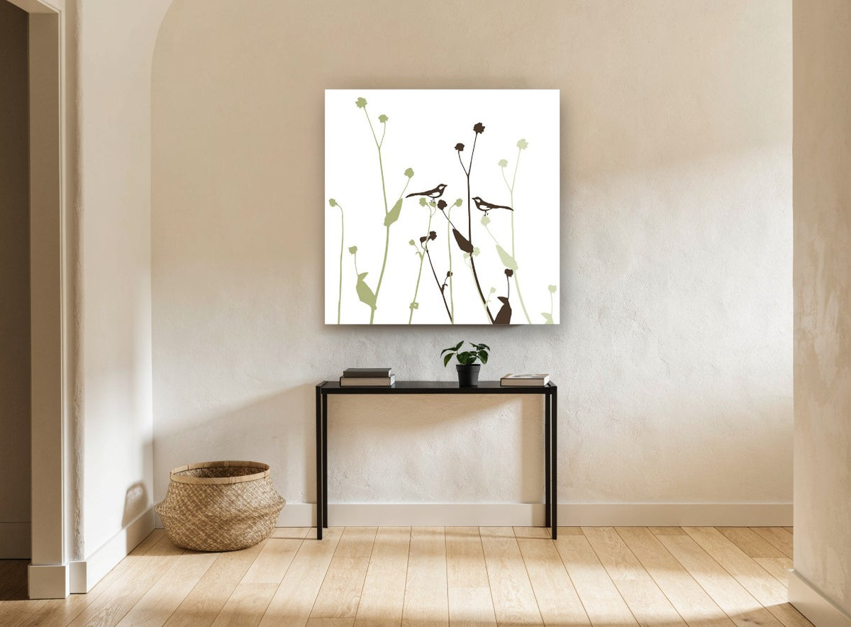 Two Birds Among Seedheads floral canvas print on the wall of a hallway