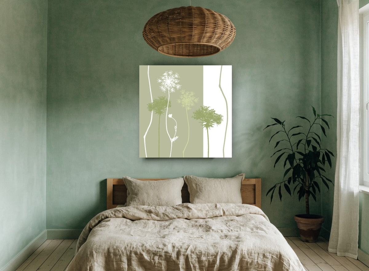 Sage Lace Silhouettes floral canvas print on the wall of a bedroom