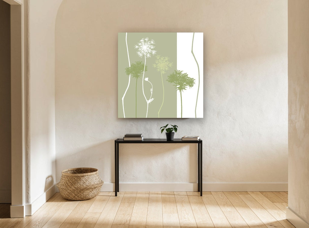 Sage Lace Silhouettes floral canvas print on the wall of a hallway