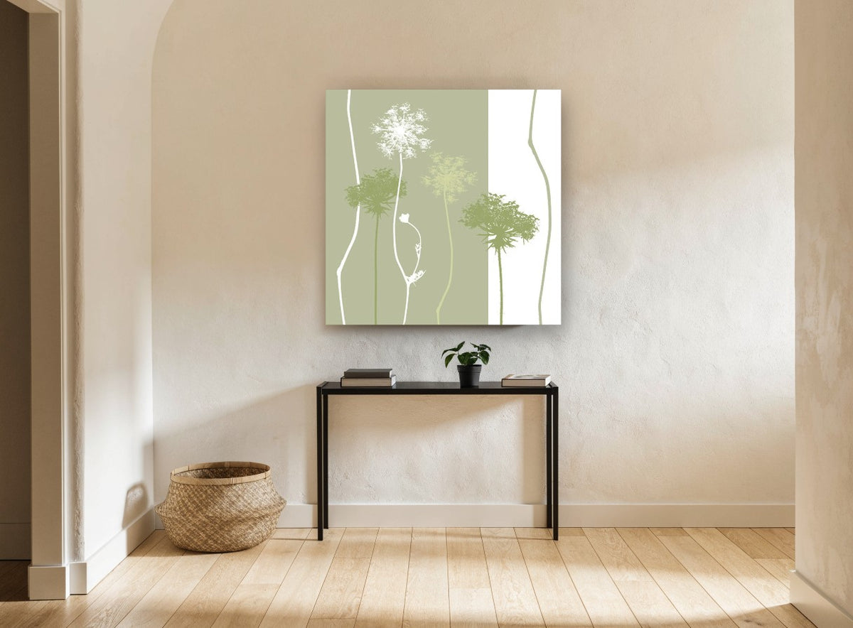 Sage Lace Silhouettes floral canvas print on the wall of a hallway