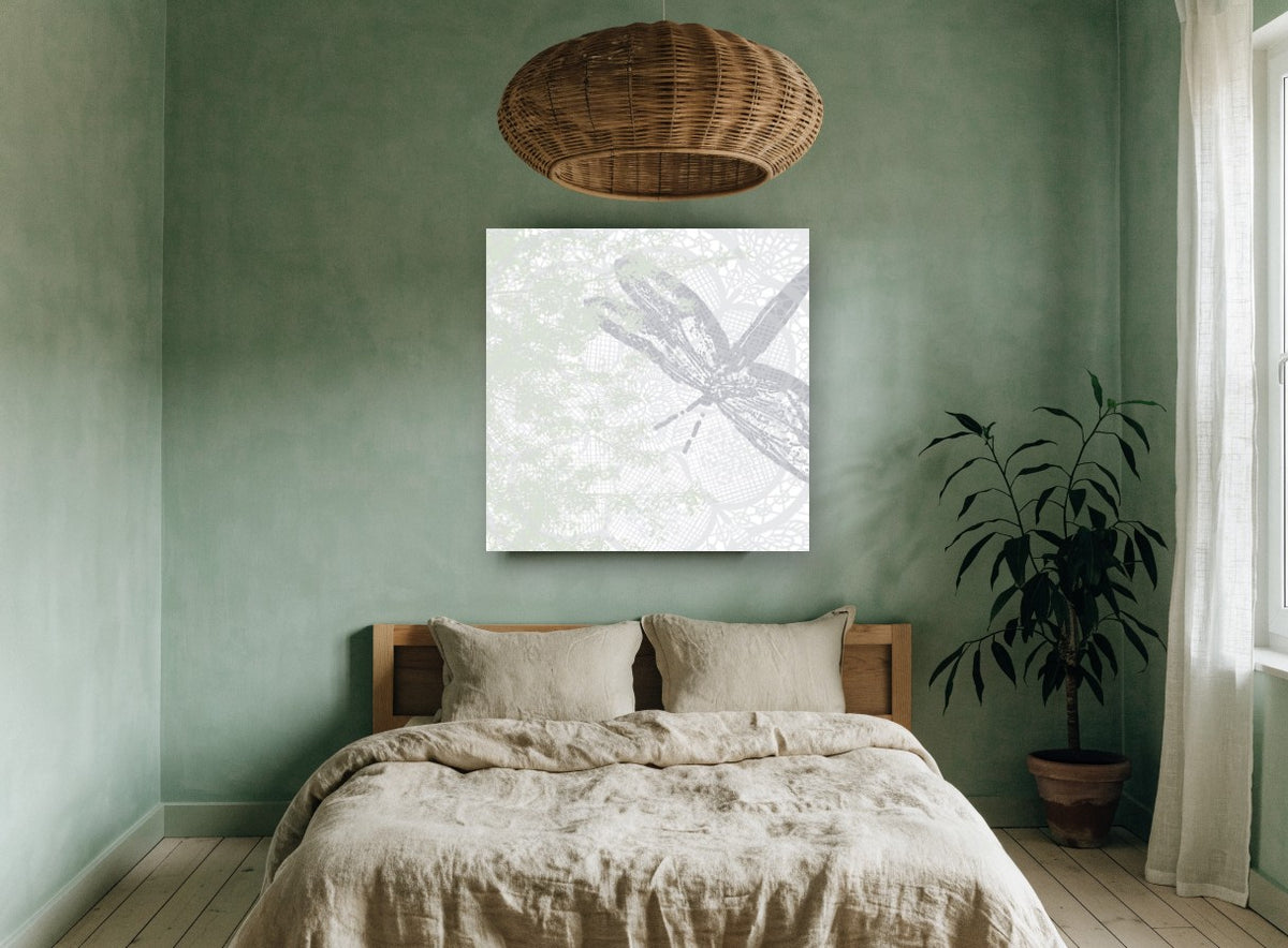 Dragonfly on Lace animal canvas print on the wall of a bedroom