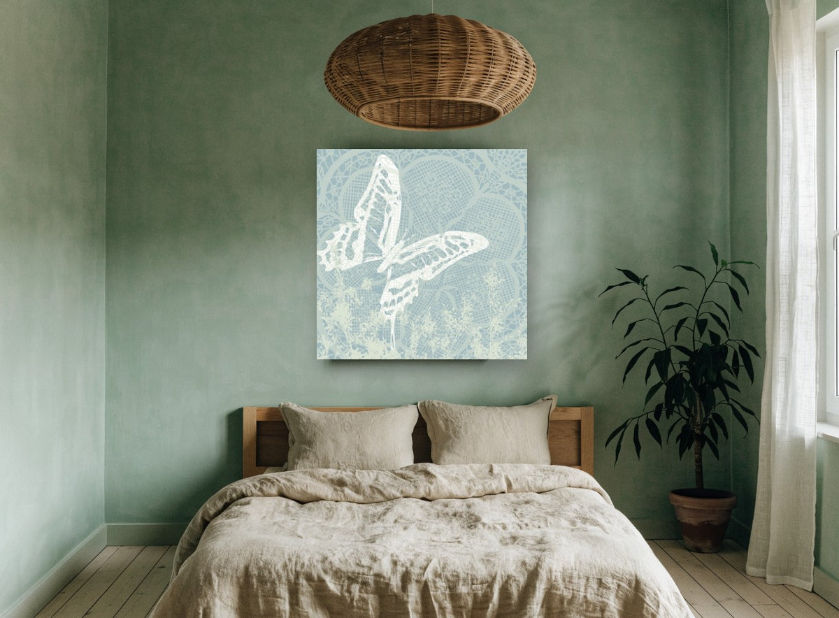 Lace Swallowtail Silhouette animal canvas print on the wall of a bedroom