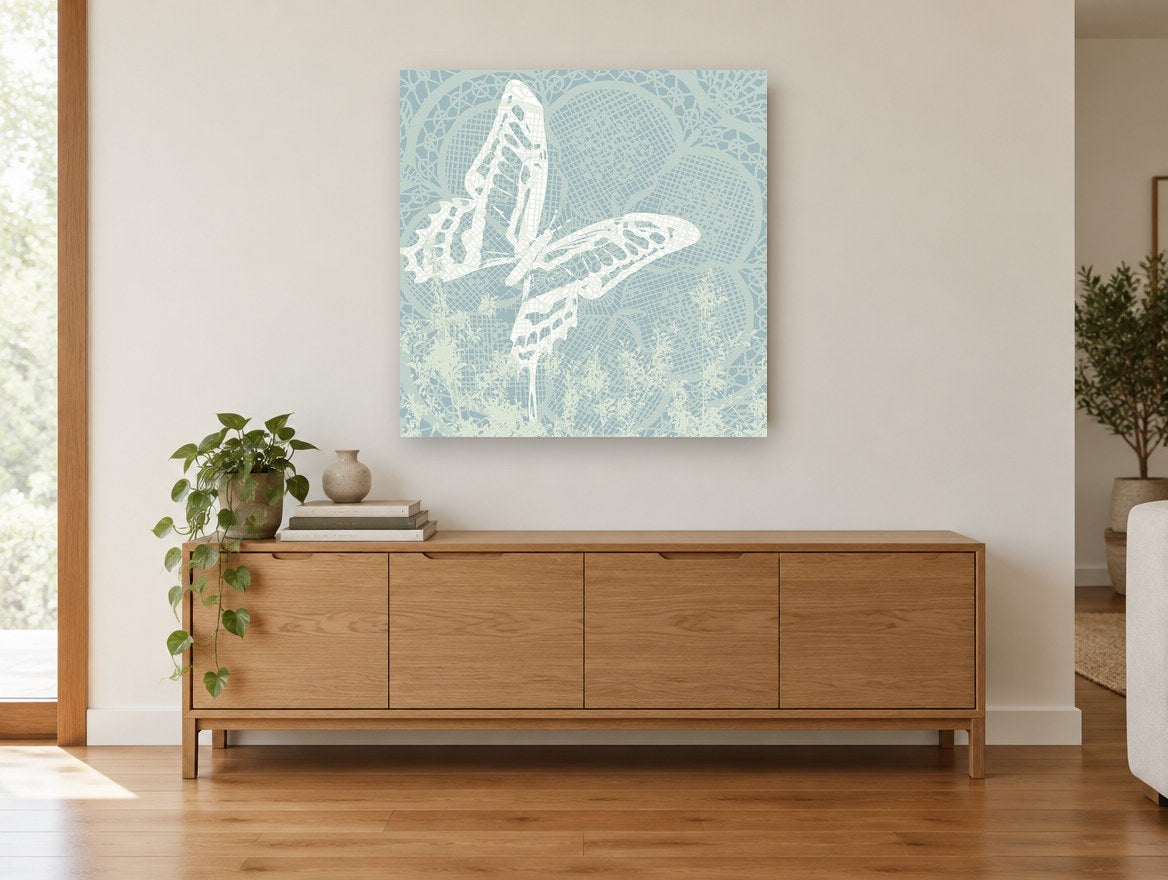 Lace Swallowtail Silhouette animal canvas print on the wall of a living room above a sideboard
