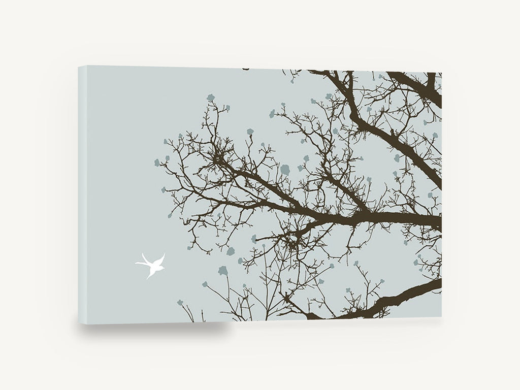 Bird Among Bare Branches, bare branches white bird illustration, landscape canvas wall art print ready to hang