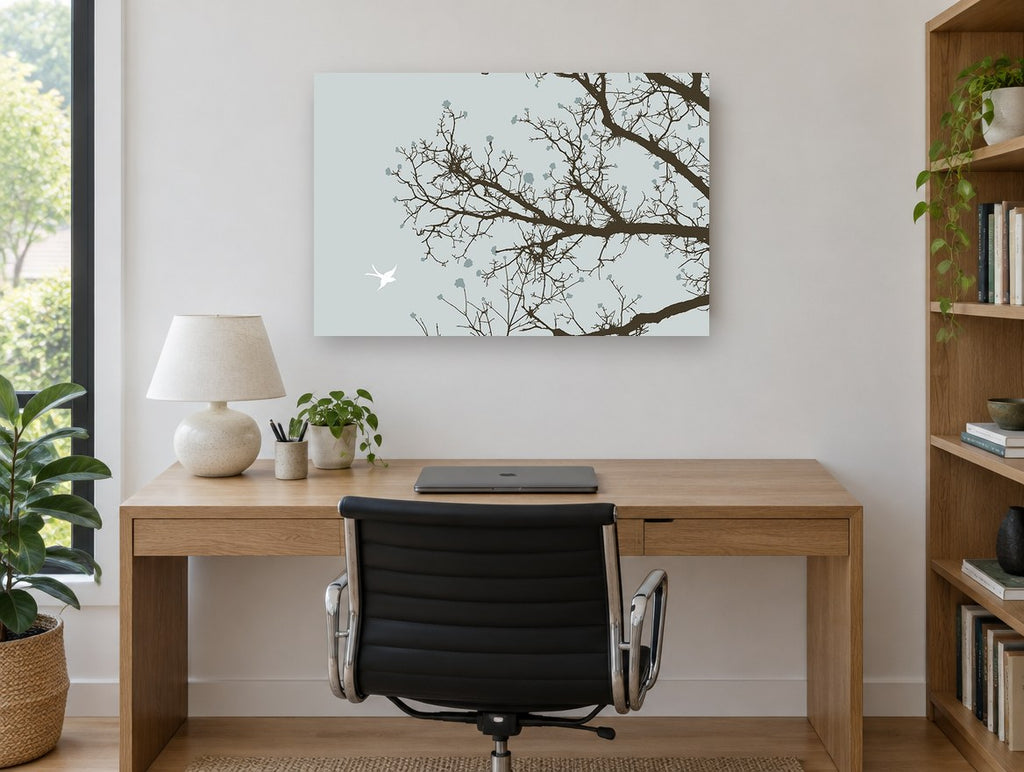 Bird Among Bare Branches landscape canvas print on the wall of a study
