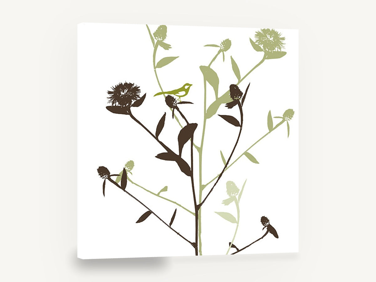 Songbird Among Thistles, green bird on thistle silhouette botanical, floral canvas wall art print ready to hang