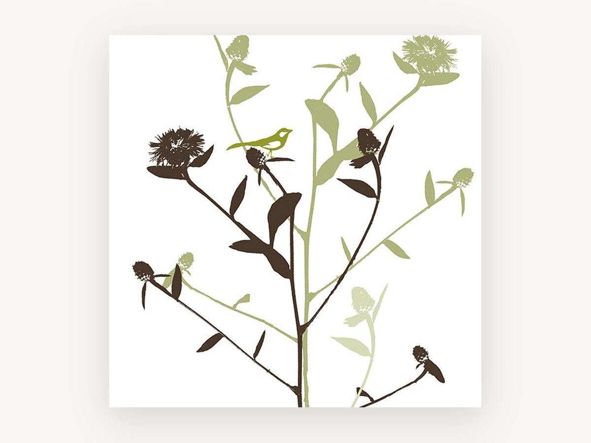 Songbird Among Thistles, floral canvas wall art print, front view