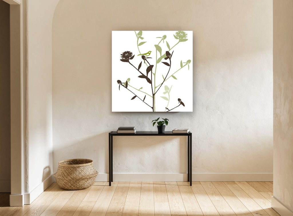 Songbird Among Thistles floral canvas print on the wall of a hallway