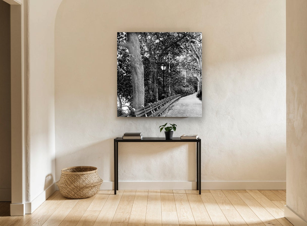 Lamplit Park Path landscape canvas print on the wall of a hallway