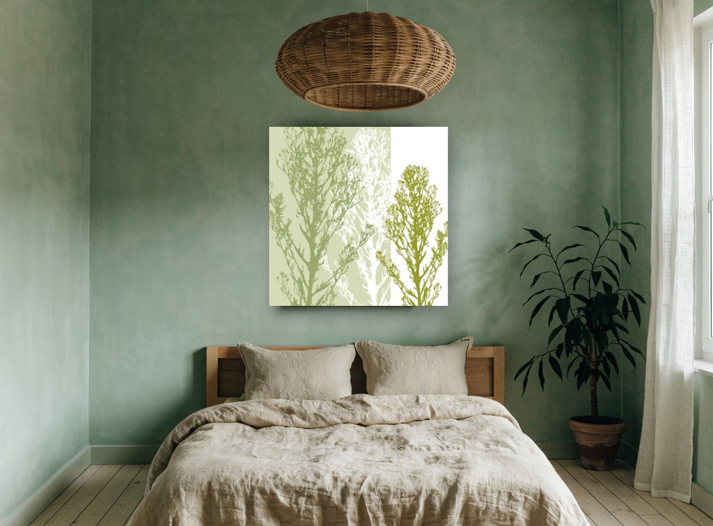 Three Green Stems floral canvas print on the wall of a bedroom