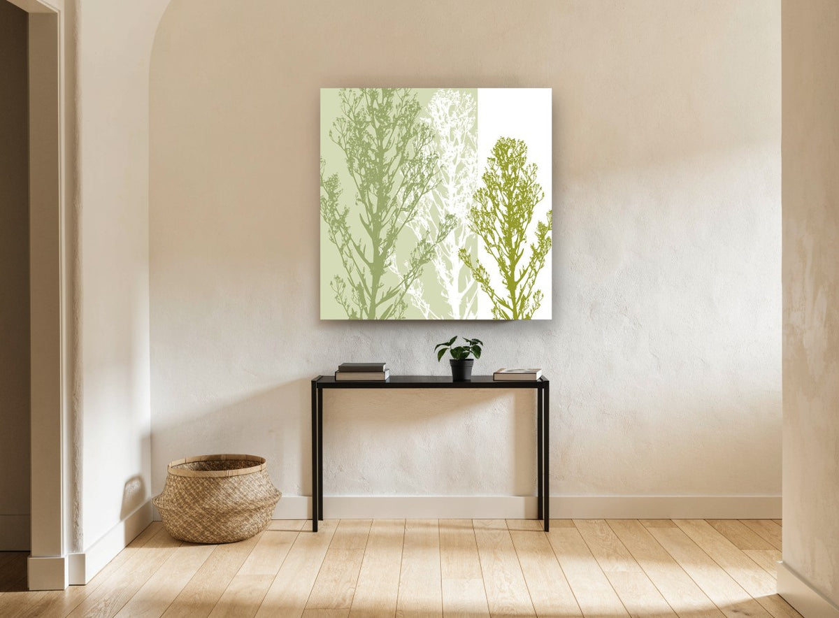 Three Green Stems floral canvas print on the wall of a hallway