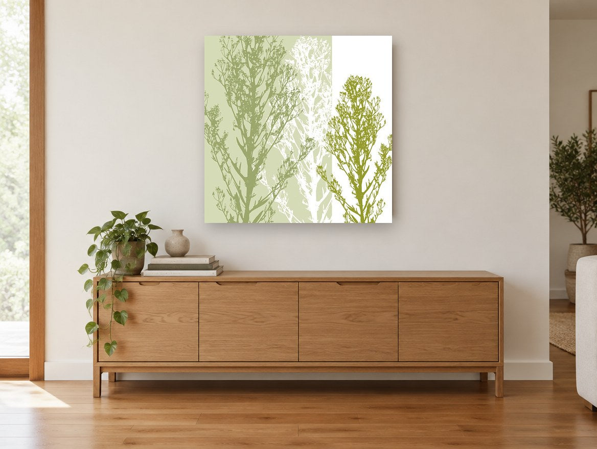 Three Green Stems floral canvas print on the wall of a living room above a sideboard