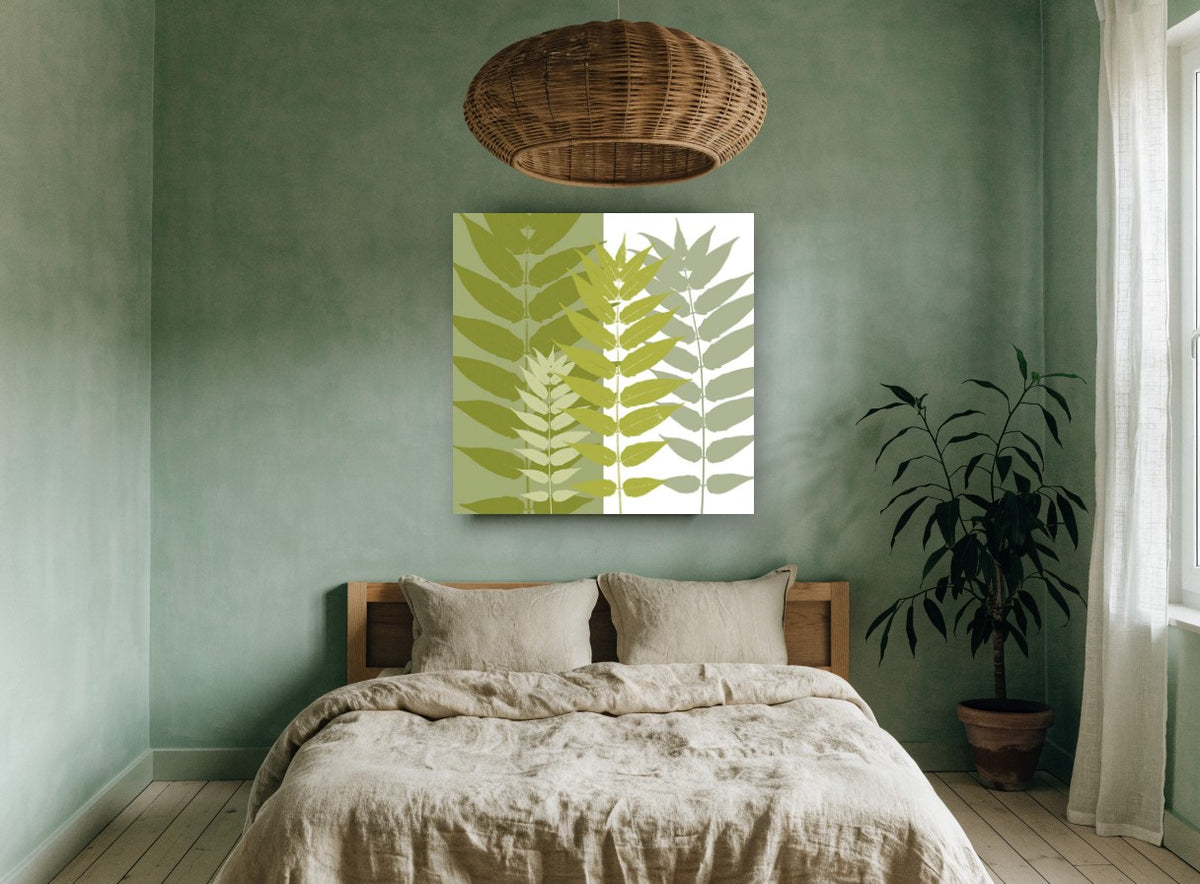 Olive Split Leaf Silhouettes floral canvas print on the wall of a bedroom