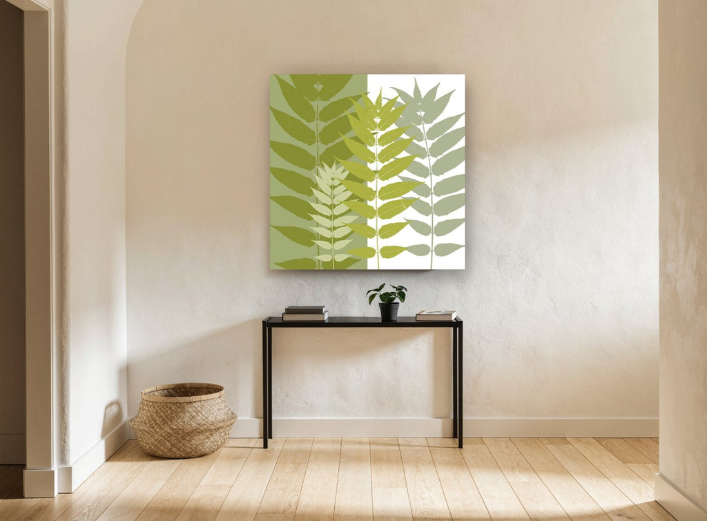 Olive Split Leaf Silhouettes floral canvas print on the wall of a hallway