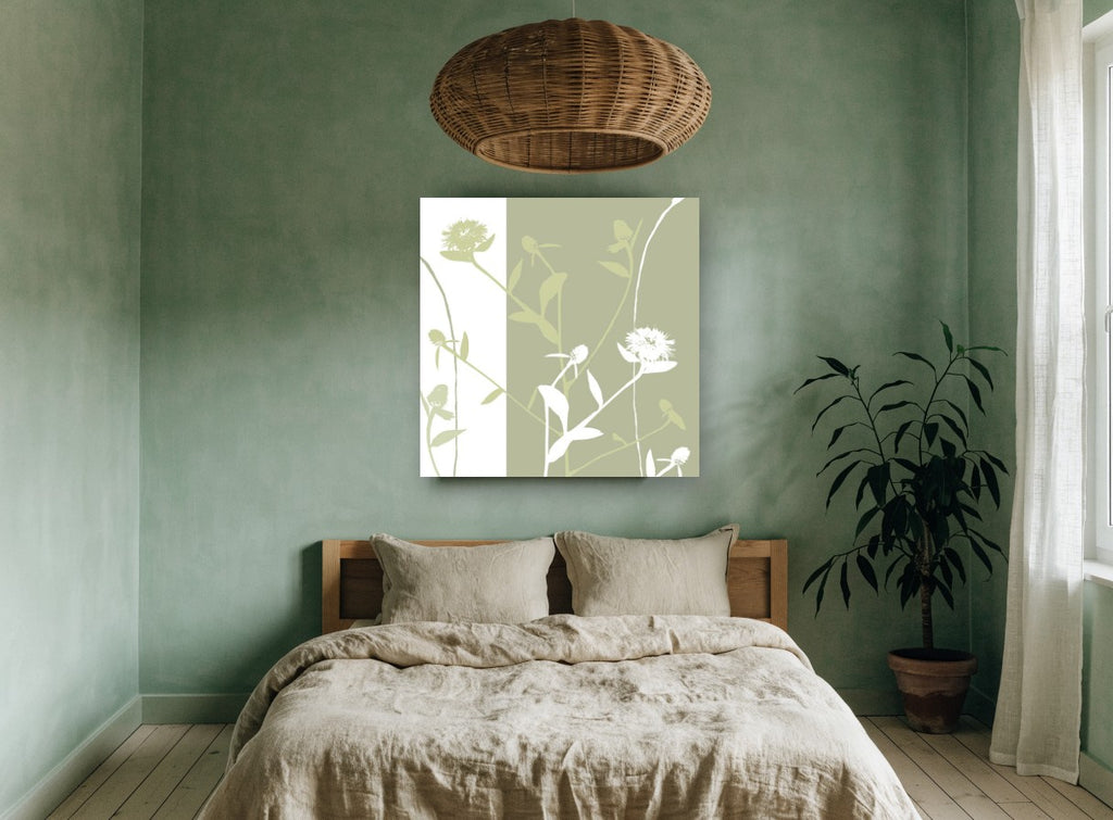 Sage Thistle Silhouettes floral canvas print on the wall of a bedroom