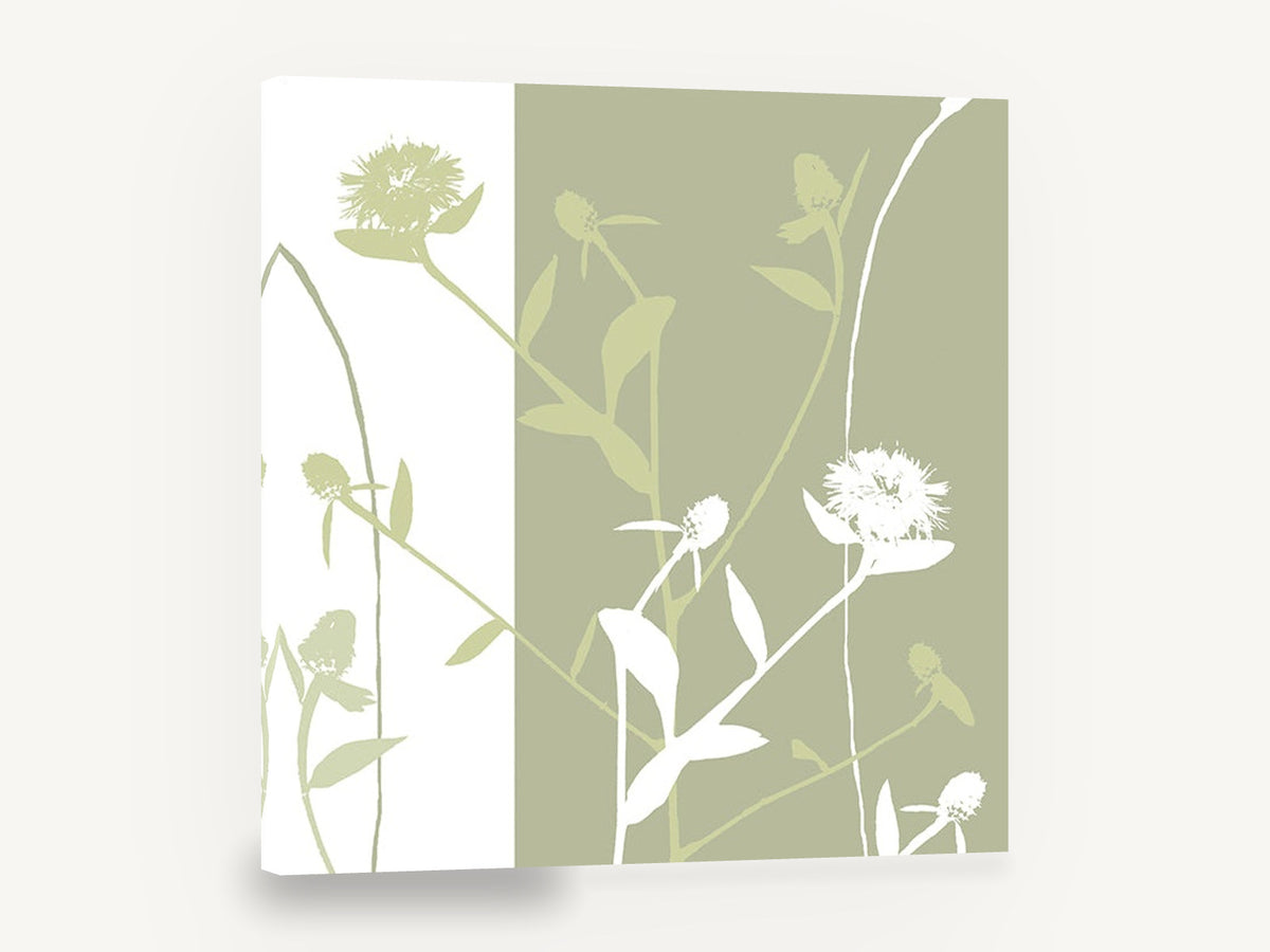 Sage Thistle Silhouettes, sage green wildflower silhouette botanical, floral canvas wall art print ready to hang