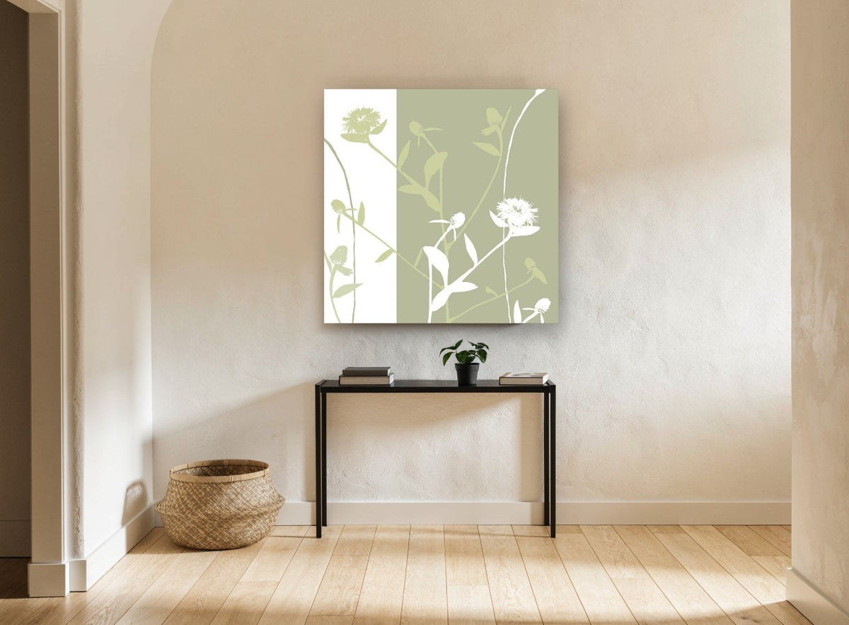 Sage Thistle Silhouettes floral canvas print on the wall of a hallway