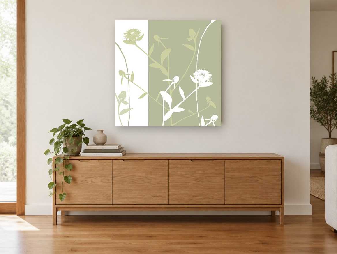 Sage Thistle Silhouettes floral canvas print on the wall of a living room above a sideboard