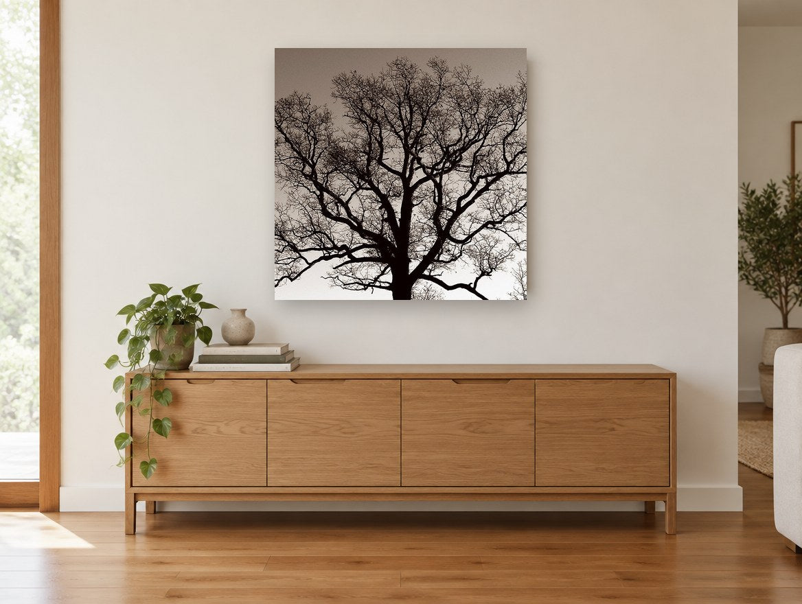 Bare Oak Silhouette landscape canvas print on the wall of a living room above a sideboard