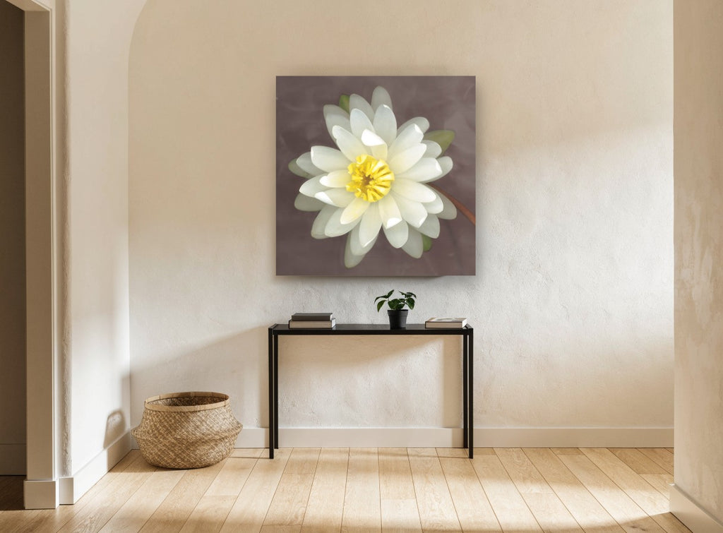 White Lily Bloom floral canvas print on the wall of a hallway
