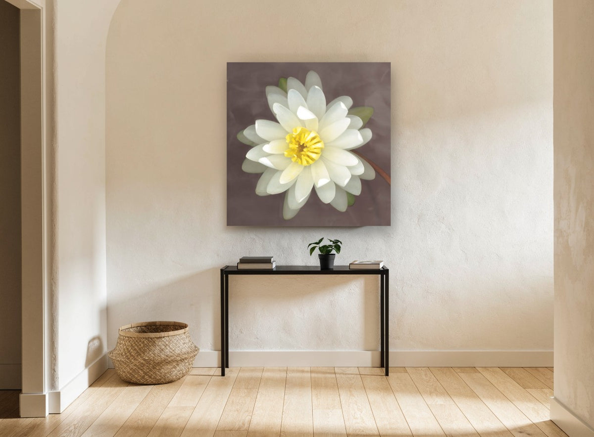 White Lily Bloom floral canvas print on the wall of a hallway