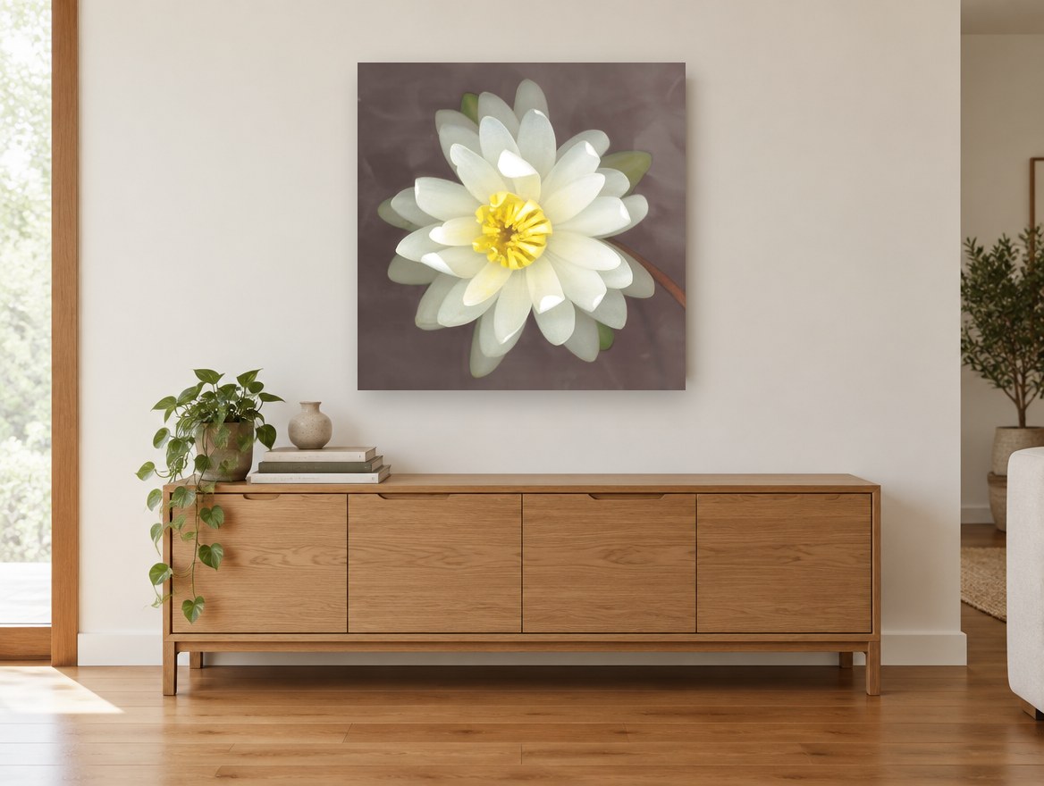 White Lily Bloom floral canvas print on the wall of a living room above a sideboard