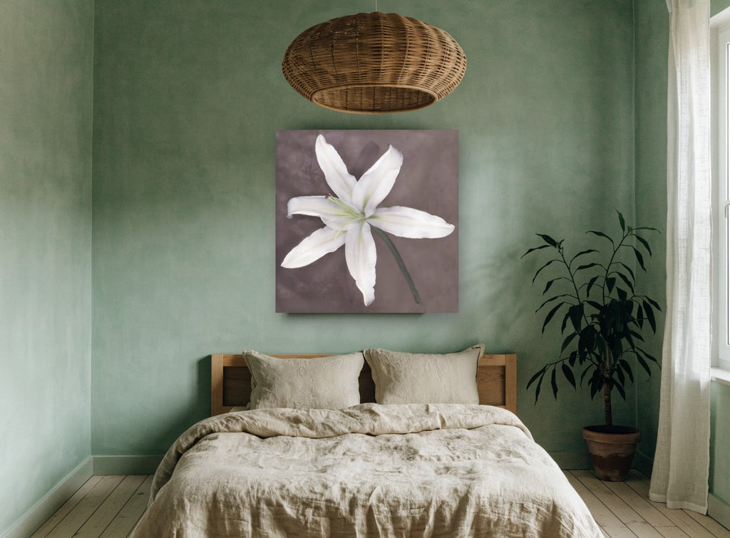 Pale Lily Bloom floral canvas print on the wall of a bedroom