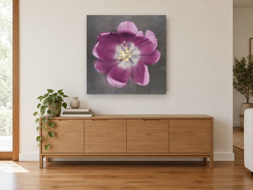 Open Plum Tulip floral canvas print on the wall of a living room above a sideboard
